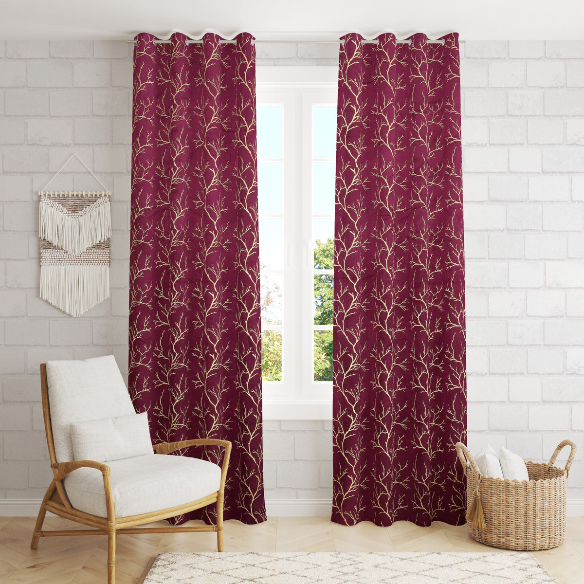 Homecrown Premium Velvet Fabric Room Darkening Curtains for Windows & Doors - Set of 2, Foil Print- Wine