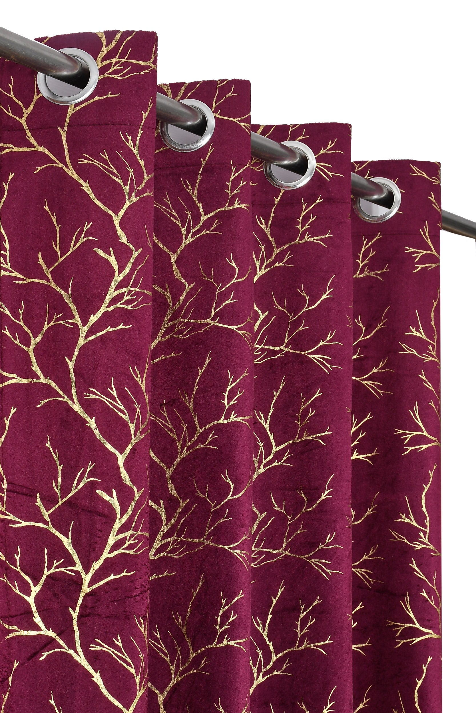 Homecrown Premium Velvet Fabric Room Darkening Curtains for Windows & Doors - Set of 2, Foil Print- Wine