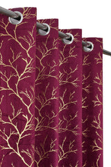 Homecrown Premium Velvet Fabric Room Darkening Curtains for Windows & Doors - Set of 2, Foil Print- Wine