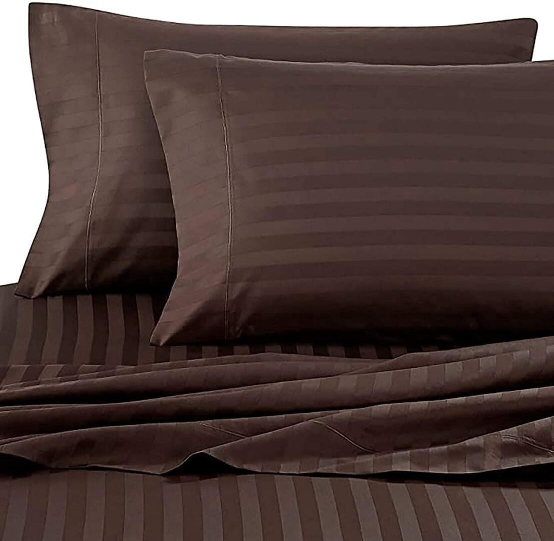 Homecrown Cotton Double Bedsheet with 2 Pillow Covers- Satin Stripe- 90x100 Inch- Brown