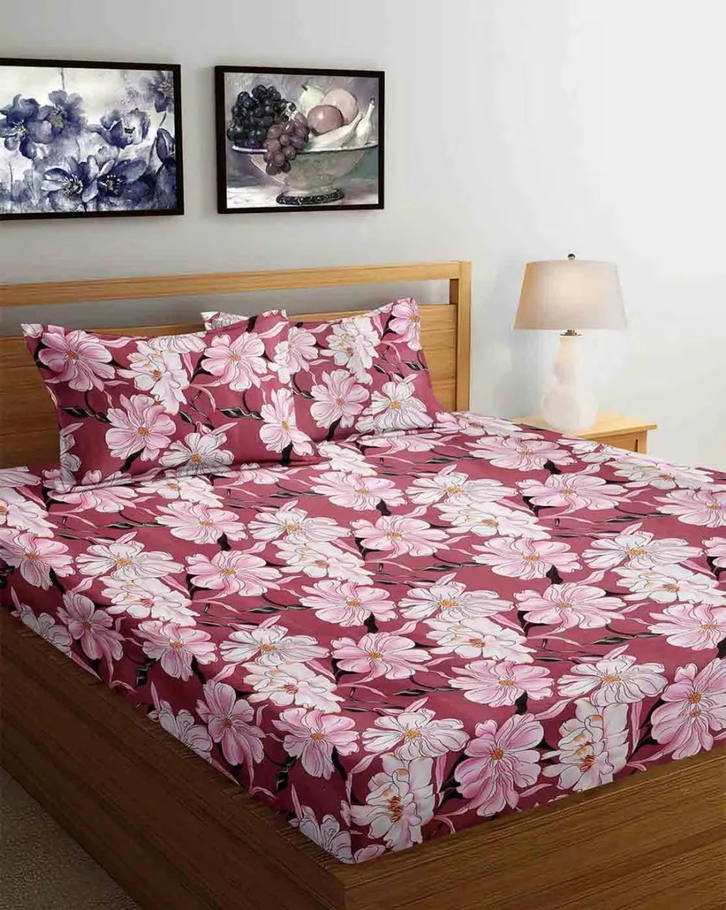 Homecrown Glace Cotton Elastic Fitted Bedsheet with 2 Pillow Covers (78X72 Inches, Pink)