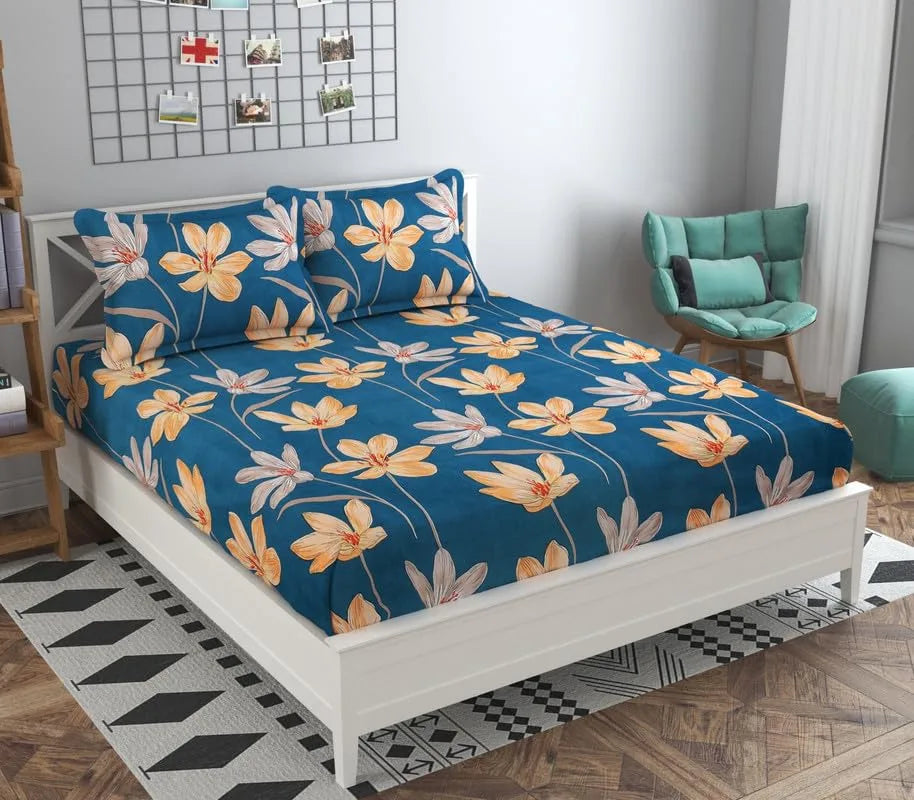 Homecrown Glace Cotton Elastic Fitted Bedsheet with 2 Pillow Covers (78X72 Inches, Floral Blue)