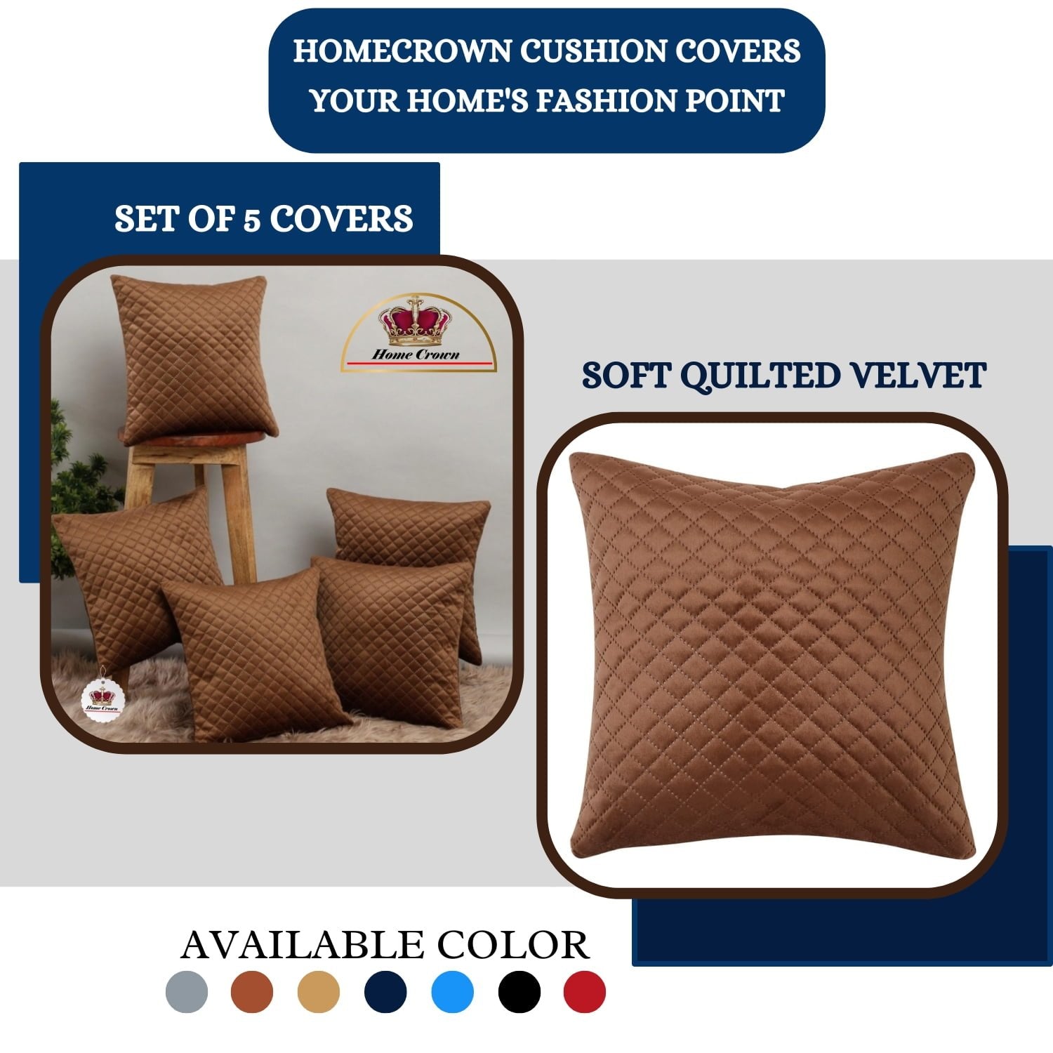 Homecrown Quilted Velvet Cushion Covers Set of 5 (16x16 Inch) - Brown