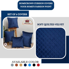 Homecrown Quilted Velvet Cushion Covers Set of 5 (16x16 Inch) - Blue