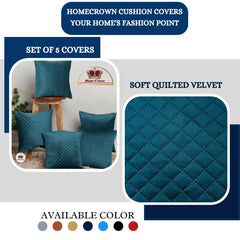 Homecrown Quilted Velvet Cushion Covers Set of 5 (16x16 Inch) - Teal