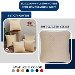 Homecrown Quilted Velvet Cushion Covers Set of 5 (16x16 Inch) - Beige