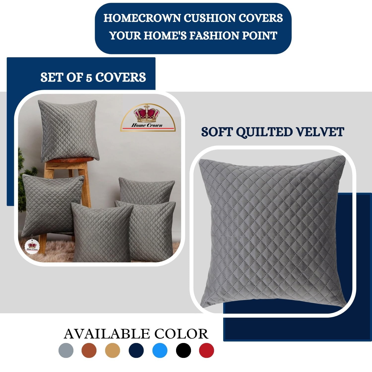 Homecrown Quilted Velvet Cushion Covers Set of 5 (16x16 Inch) - Grey