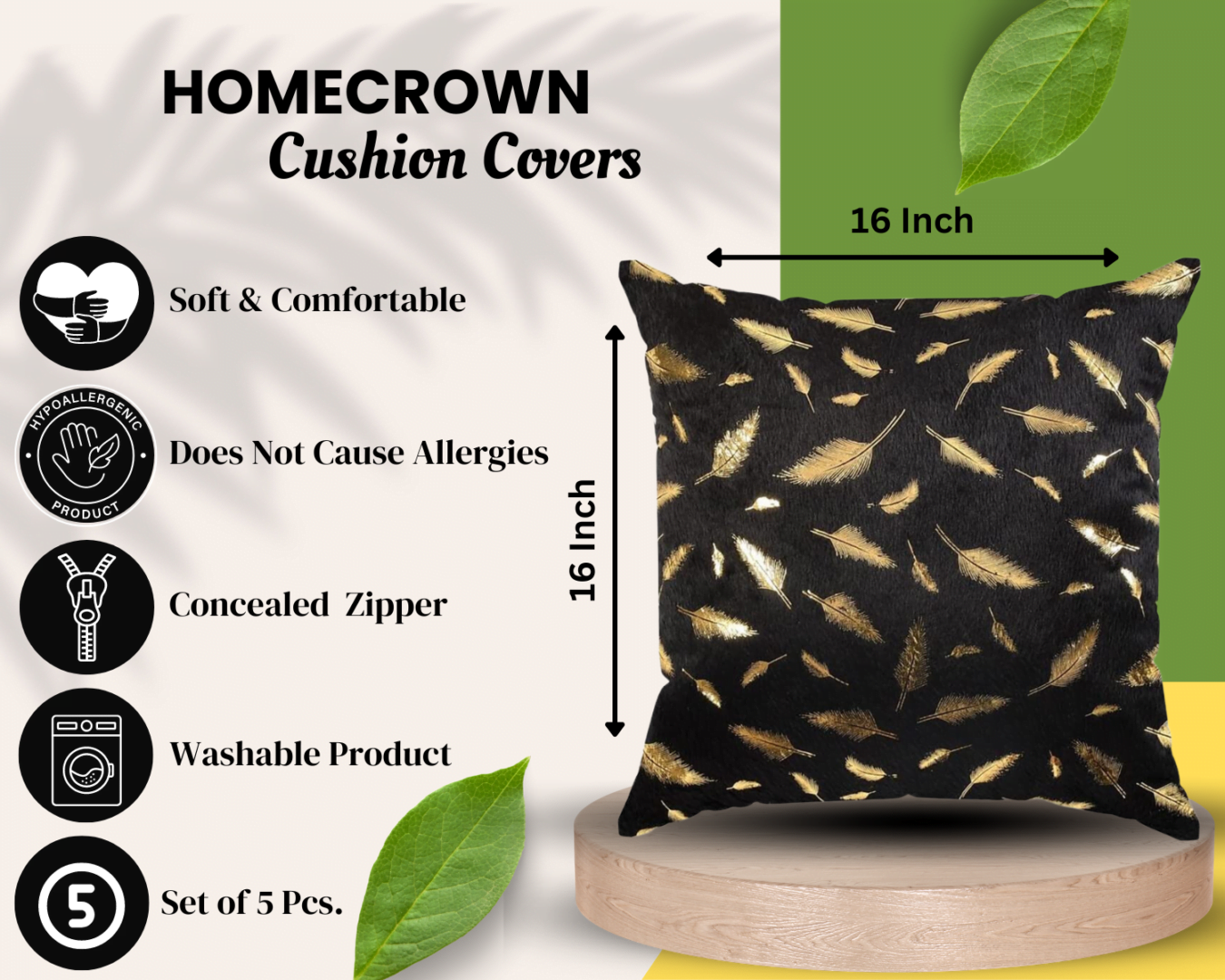 Homecrown Golden Leaf Velvet Cushion Covers Set of 5 (16x16 Inch) - Black