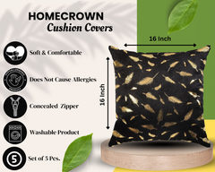 Homecrown Golden Leaf Velvet Cushion Covers Set of 5 (16x16 Inch) - Black