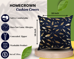 Homecrown Golden Leaf Velvet Homecrown Cushion Covers Set of 5 (16x16 Inch) - Blue