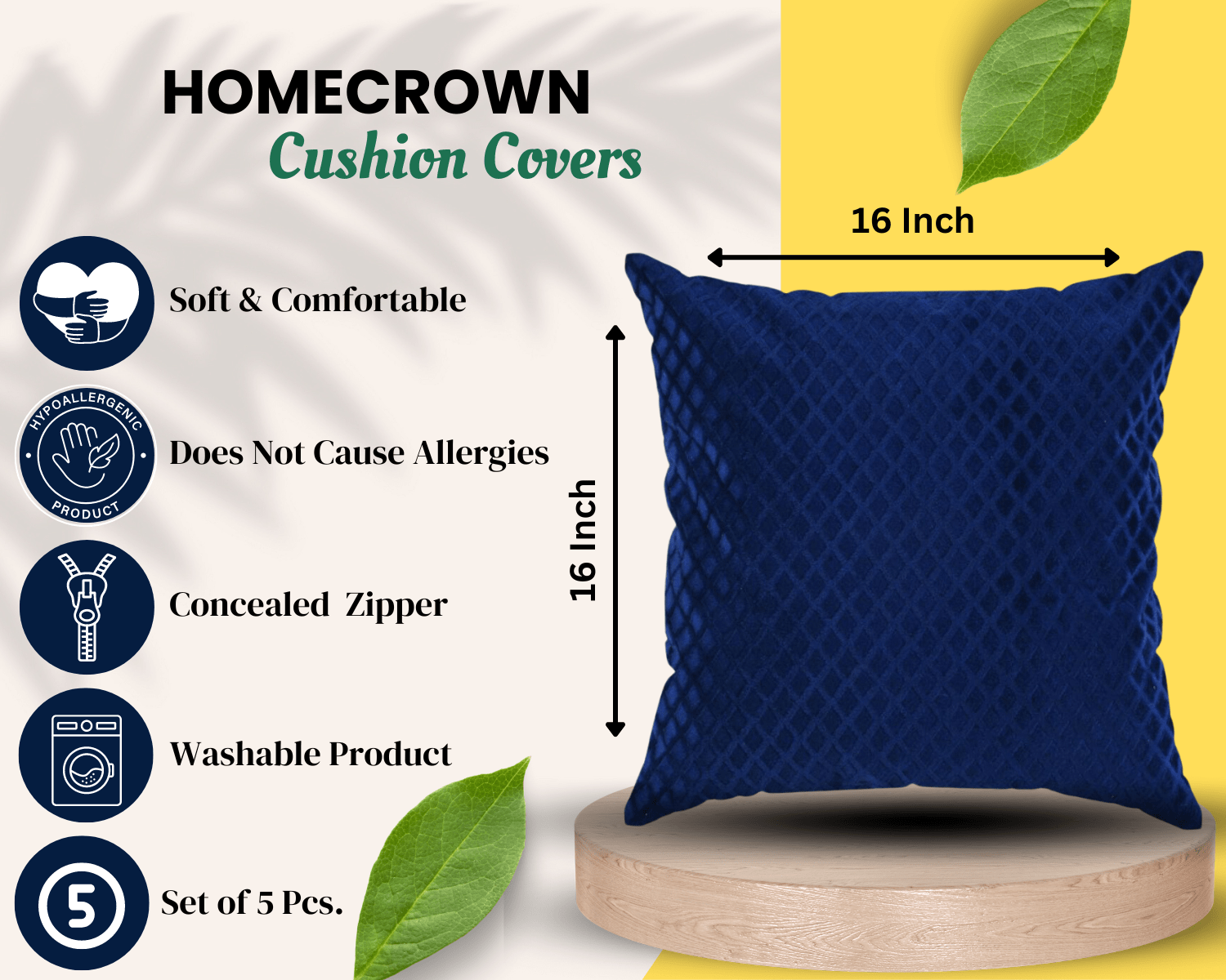 Homecrown Textured Velvet Cushion Covers Set of 5 (16x16 Inch) - Blue