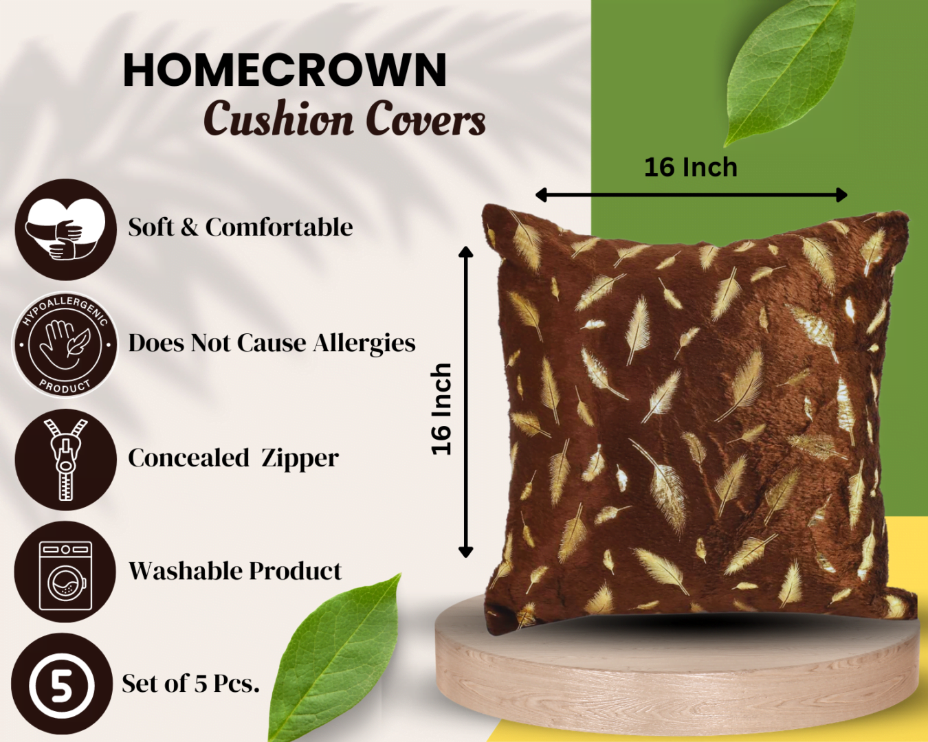 Homecrown Golden Leaf Velvet Cushion Covers Set of 5 (16x16 Inch) - Brown