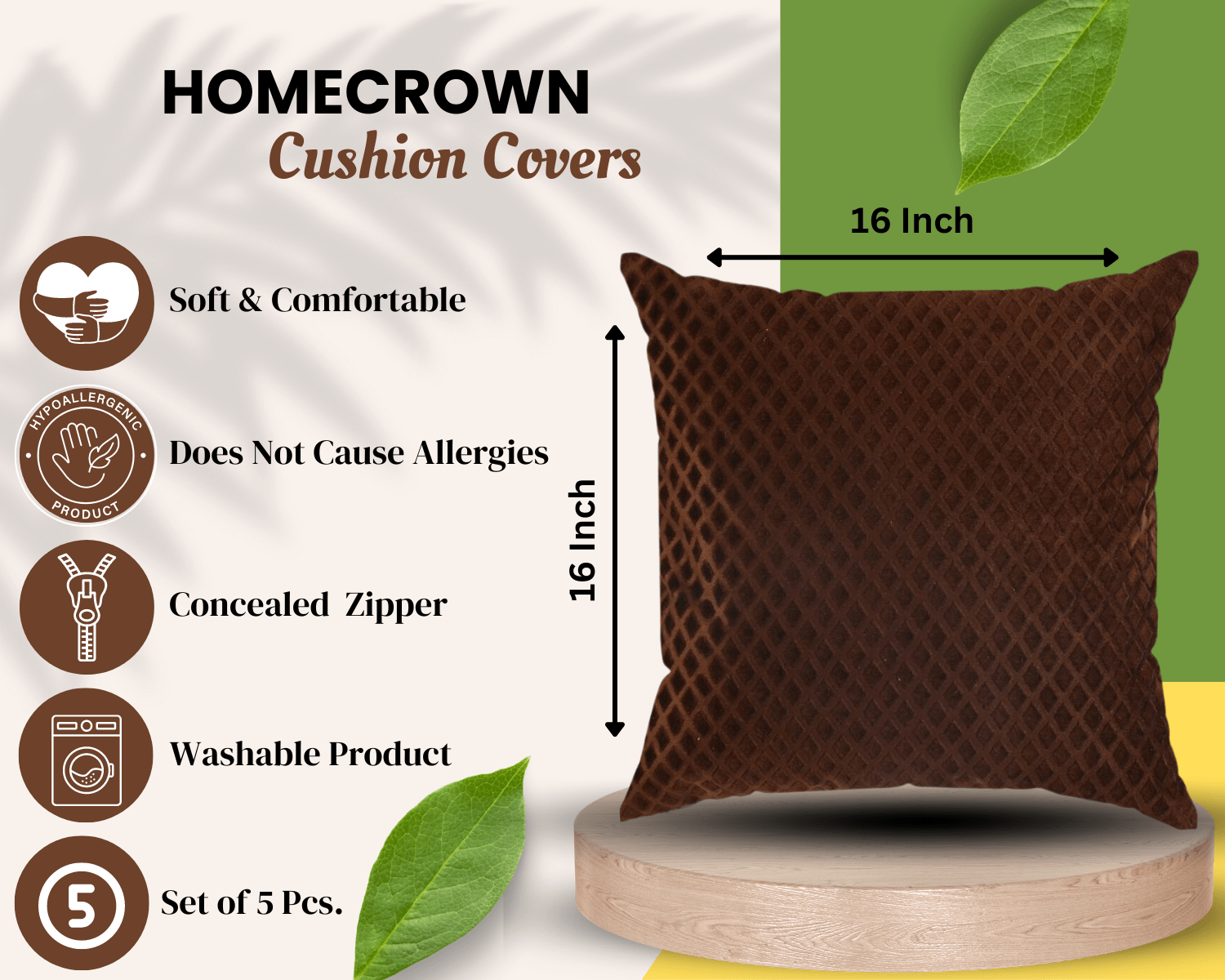 Homecrown Textured Velvet Cushion Covers Set of 5 (16x16 Inch) - Brown