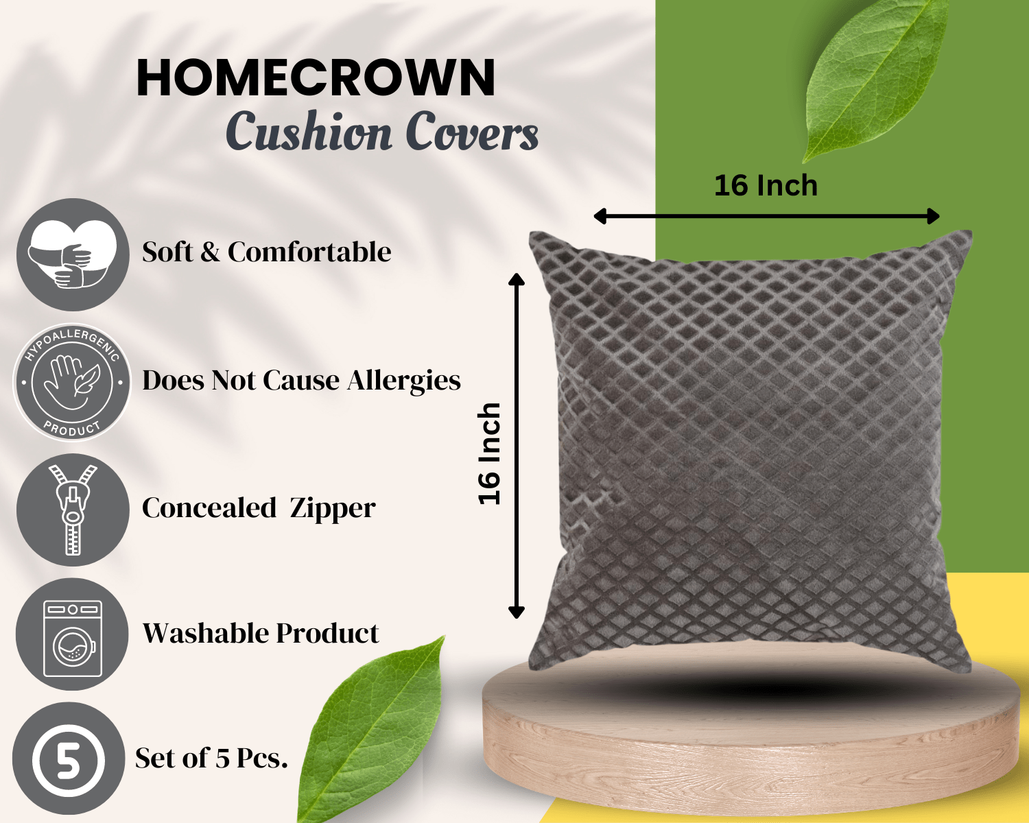 Homecrown Textured Velvet Cushion Covers Set of 5 (16x16 Inch) - Grey