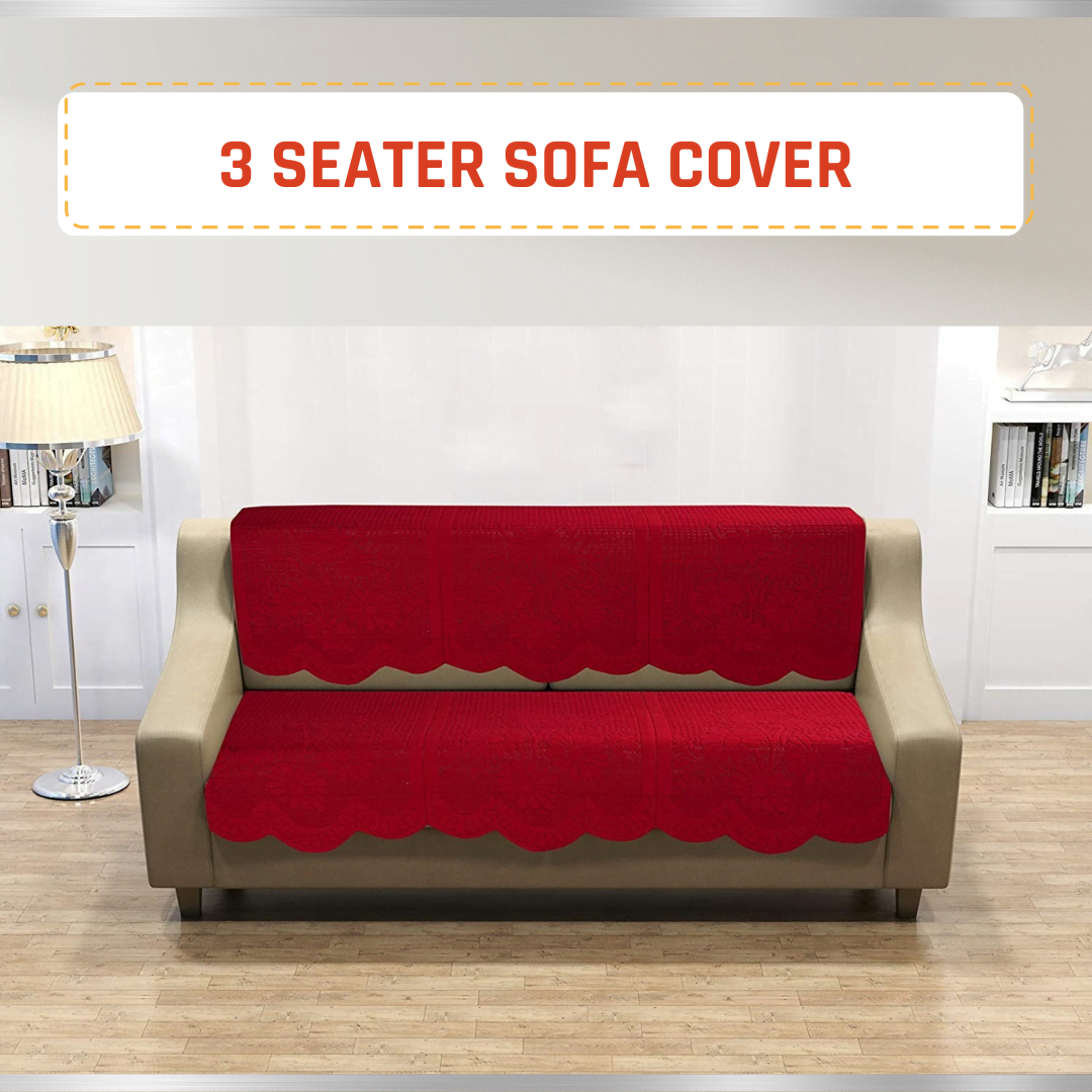 Homecrown Embossed Cotton 3 Seater Sofa Cover- Red