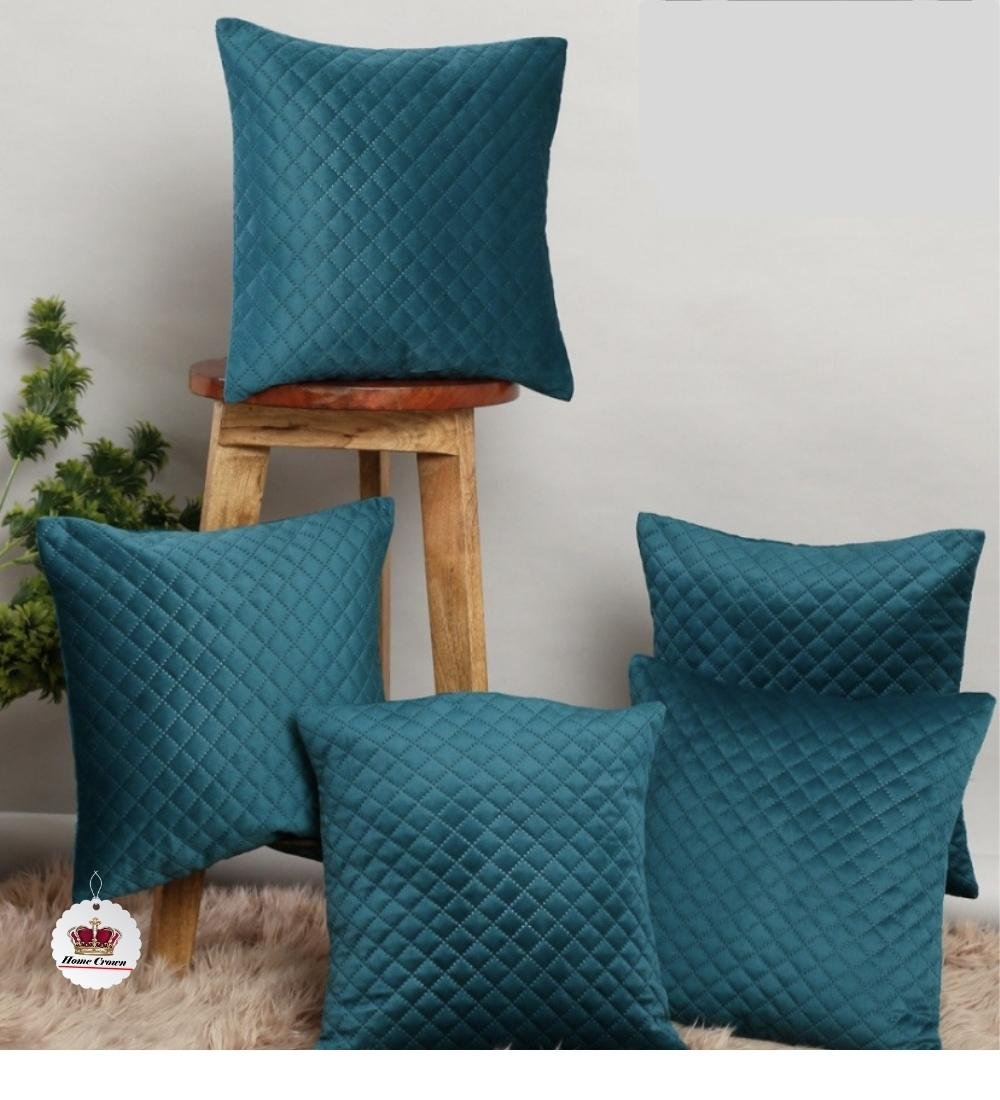 Homecrown Quilted Velvet Cushion Covers Set of 5 (16x16 Inch) - Teal