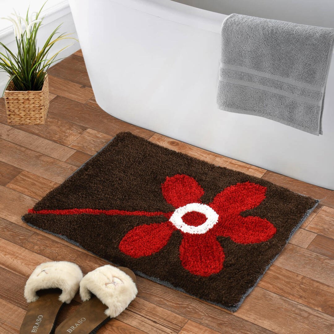 Homecrown Flower Design Cotton Bathmat- (40 X 60cm, Brown)