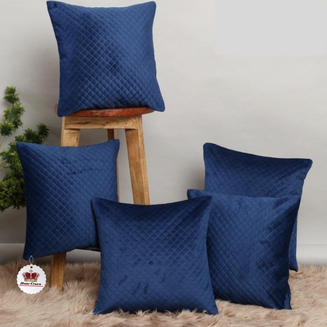 Homecrown Quilted Velvet Cushion Covers Set of 5 (16x16 Inch) - Blue