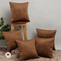 Homecrown Quilted Velvet Cushion Covers Set of 5 (16x16 Inch) - Brown