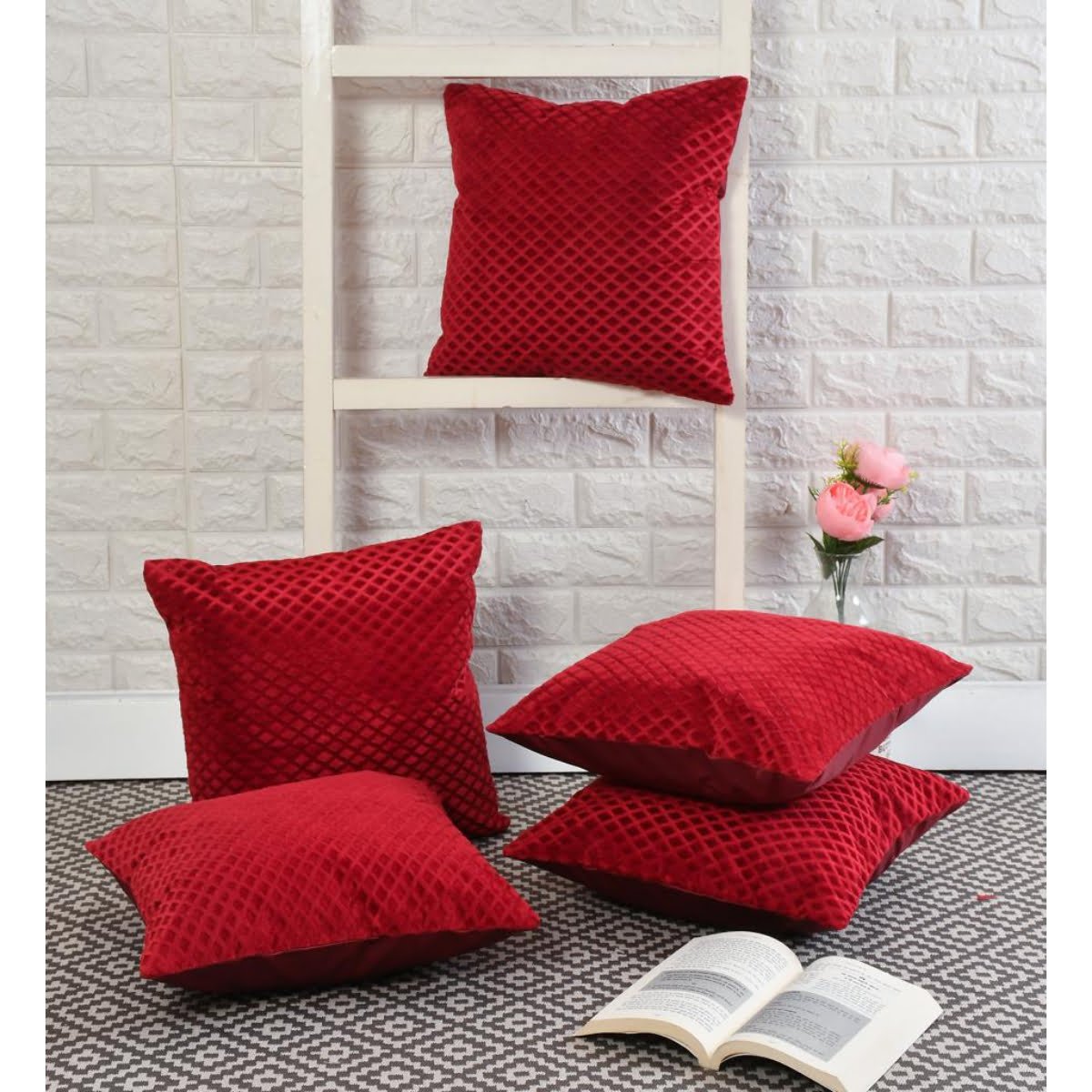 Homecrown Textured Velvet Cushion Covers Set of 5 (16x16 Inch) - Red