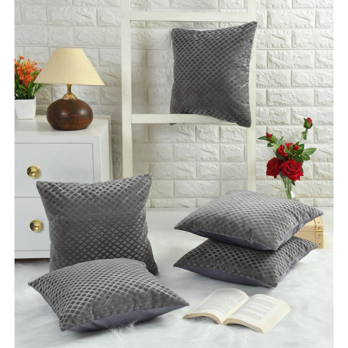 Homecrown Textured Velvet Cushion Covers Set of 5 (16x16 Inch) - Grey