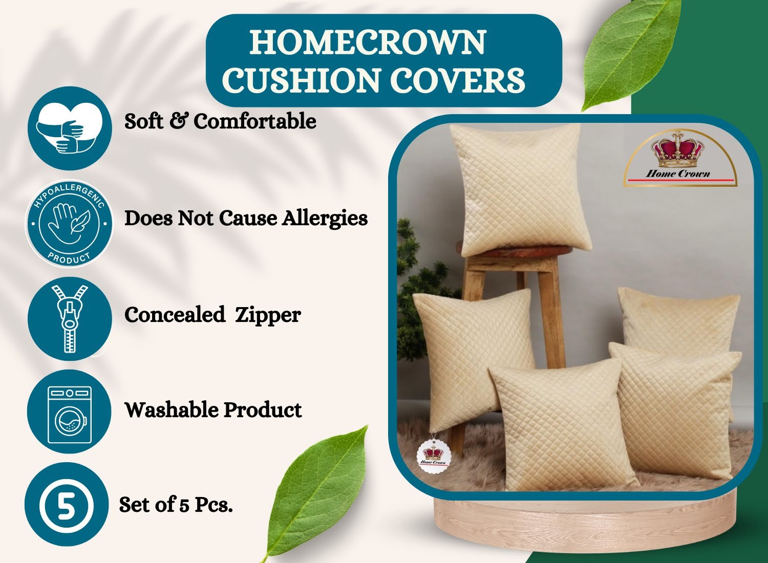 Homecrown Quilted Velvet Cushion Covers Set of 5 (16x16 Inch) - Beige