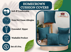 Homecrown Quilted Velvet Cushion Covers Set of 5 (16x16 Inch) - Teal