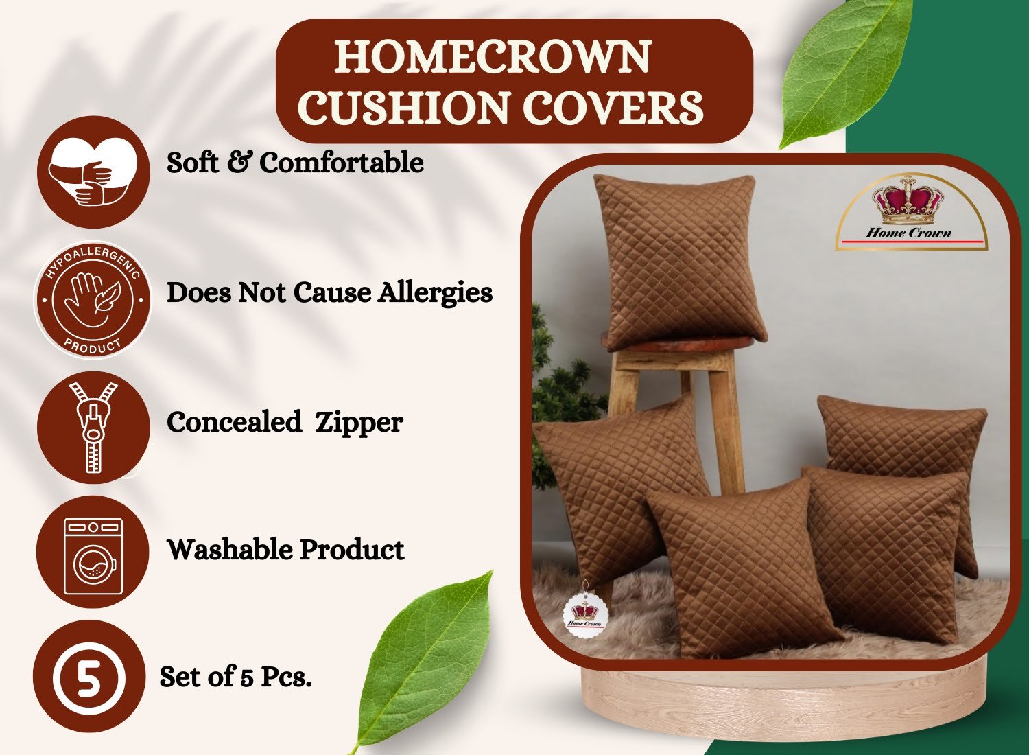 Homecrown Quilted Velvet Cushion Covers Set of 5 (16x16 Inch) - Brown