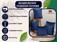 Homecrown Quilted Velvet Cushion Covers Set of 5 (16x16 Inch) - Blue