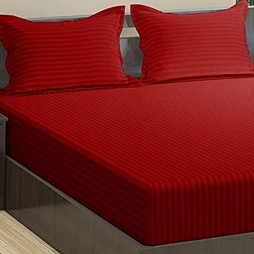 Homecrown Cotton Double Bedsheet with 2 Pillow Covers- Satin Stripe- 90x100 Inch- Maroon