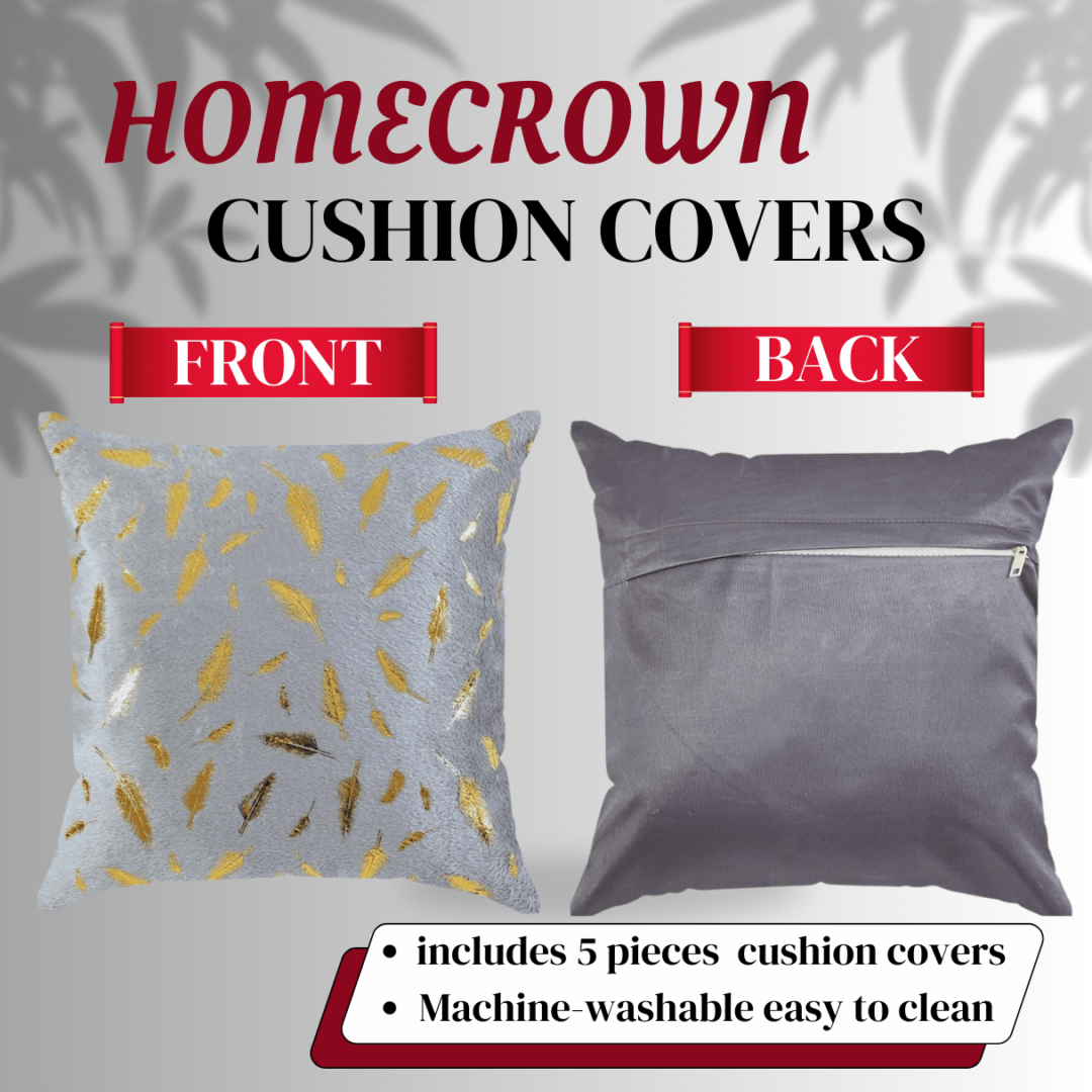 Homecrown Golden Leaf Velvet Cushion Covers Set of 5 (16x16 Inch) - Grey