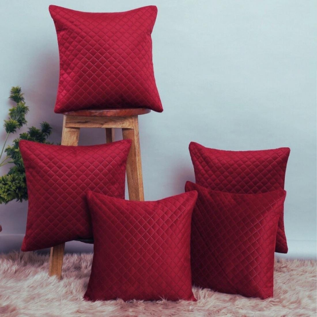 Homecrown Quilted Velvet Cushion Covers Set of 5 (16x16 Inch) - Red