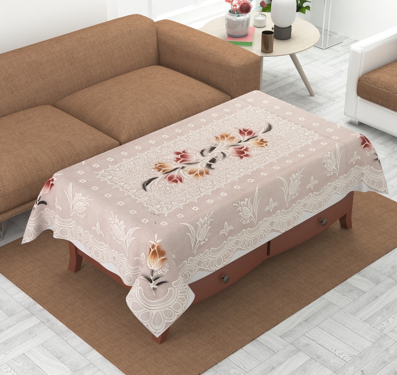 Homecrown Floral Print Cotton Centre Table Cover (60x40 Inch, Tulip Brown)