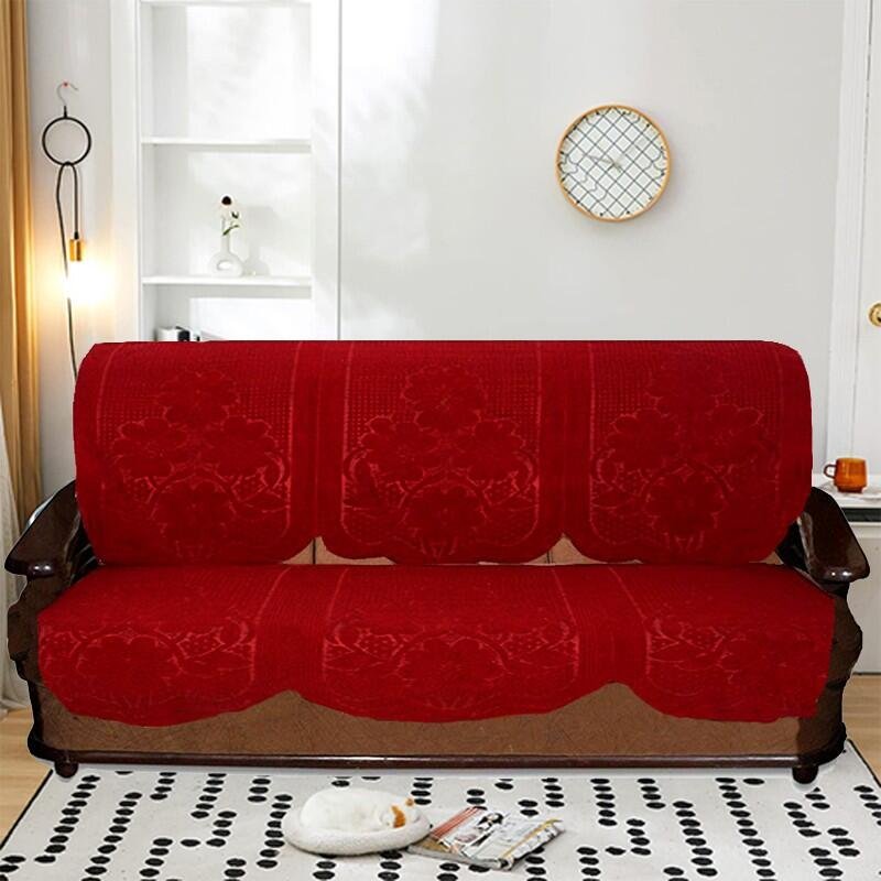 Homecrown Floral Print Embossed Polycotton 5 Seater Sofa Cover Set- Red