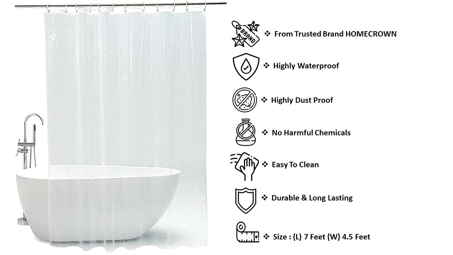 Homecrown Transparent Waterproof Shower Curtain (7x4 Feet, Clear)