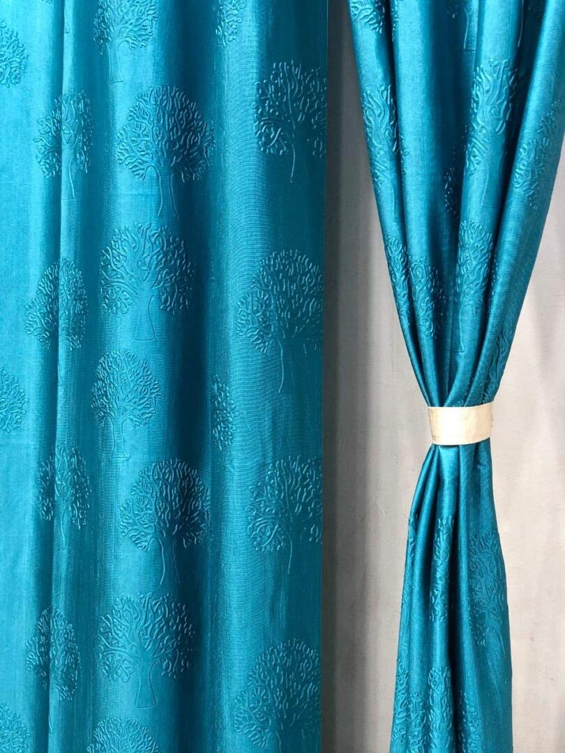 Homecrown Premium Tree Punch Embossed Design Curtains- Set of 2, Aqua