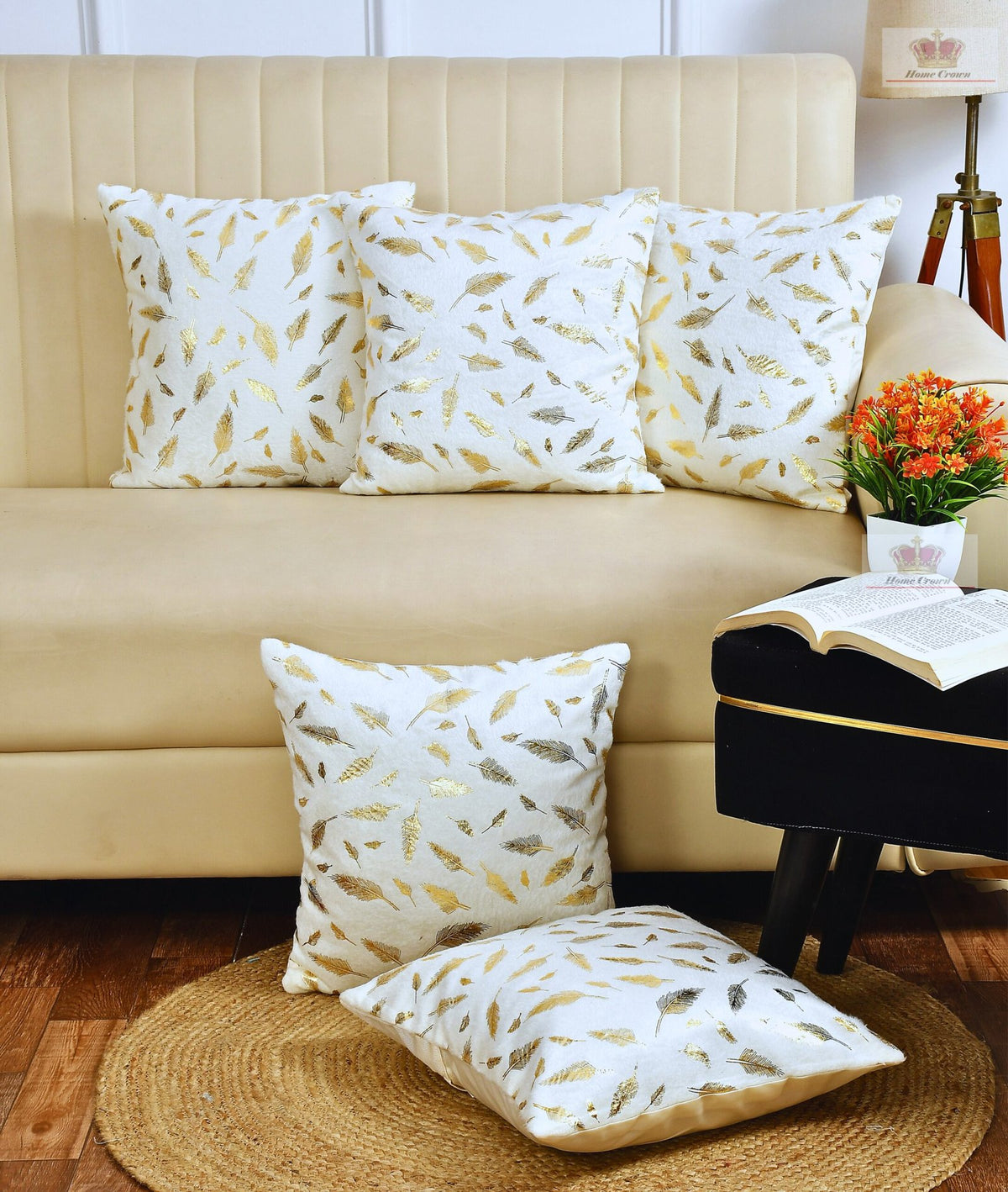 Homecrown Golden Leaf Velvet Cushion Covers Set of 5 (16x16 Inch) - White