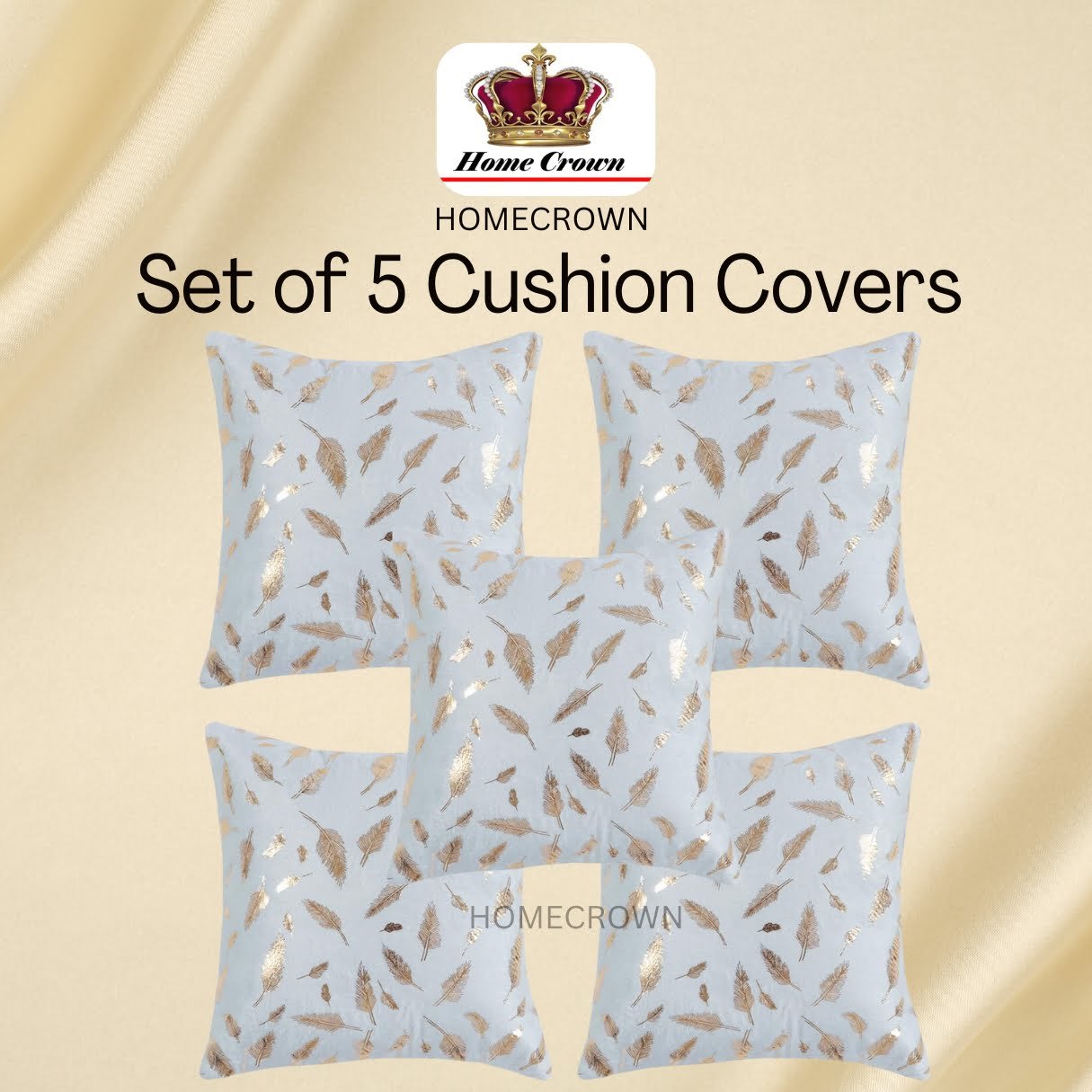 Homecrown Golden Leaf Velvet Cushion Covers Set of 5 (16x16 Inch) - White