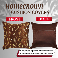 Homecrown Golden Leaf Velvet Cushion Covers Set of 5 (16x16 Inch) - Brown