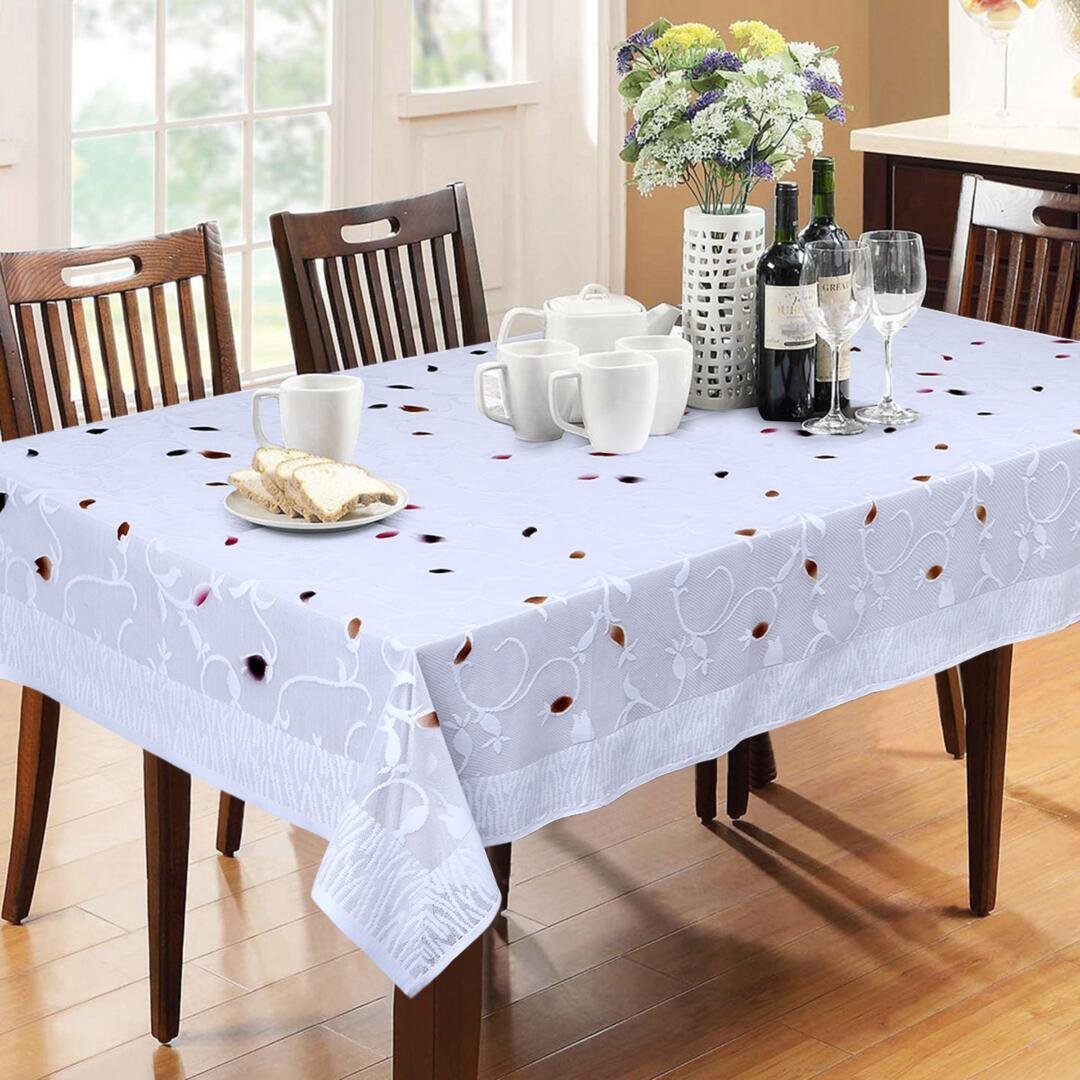 Homecrown Floral Design Cotton 6 Seater Dining Table Cover (White, 60 X 90 Inches)