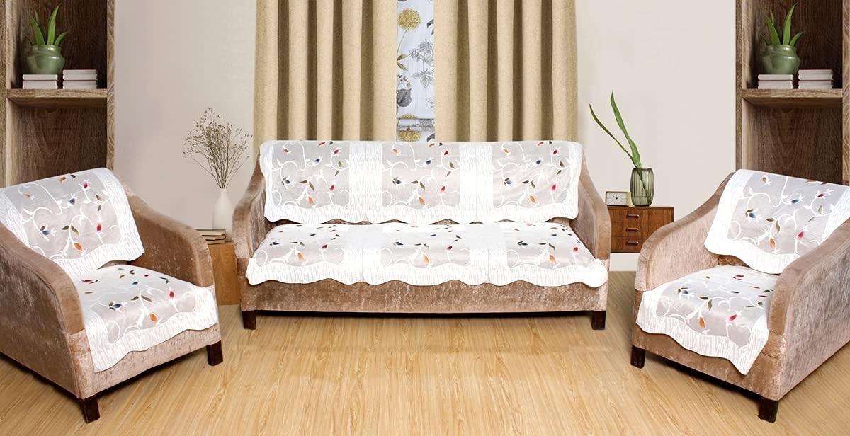 Homecrown Floral Polycotton 5 Seater Sofa Cover Set -White