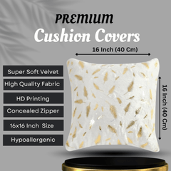 Homecrown Golden Leaf Velvet Cushion Covers Set of 5 (16x16 Inch) - White