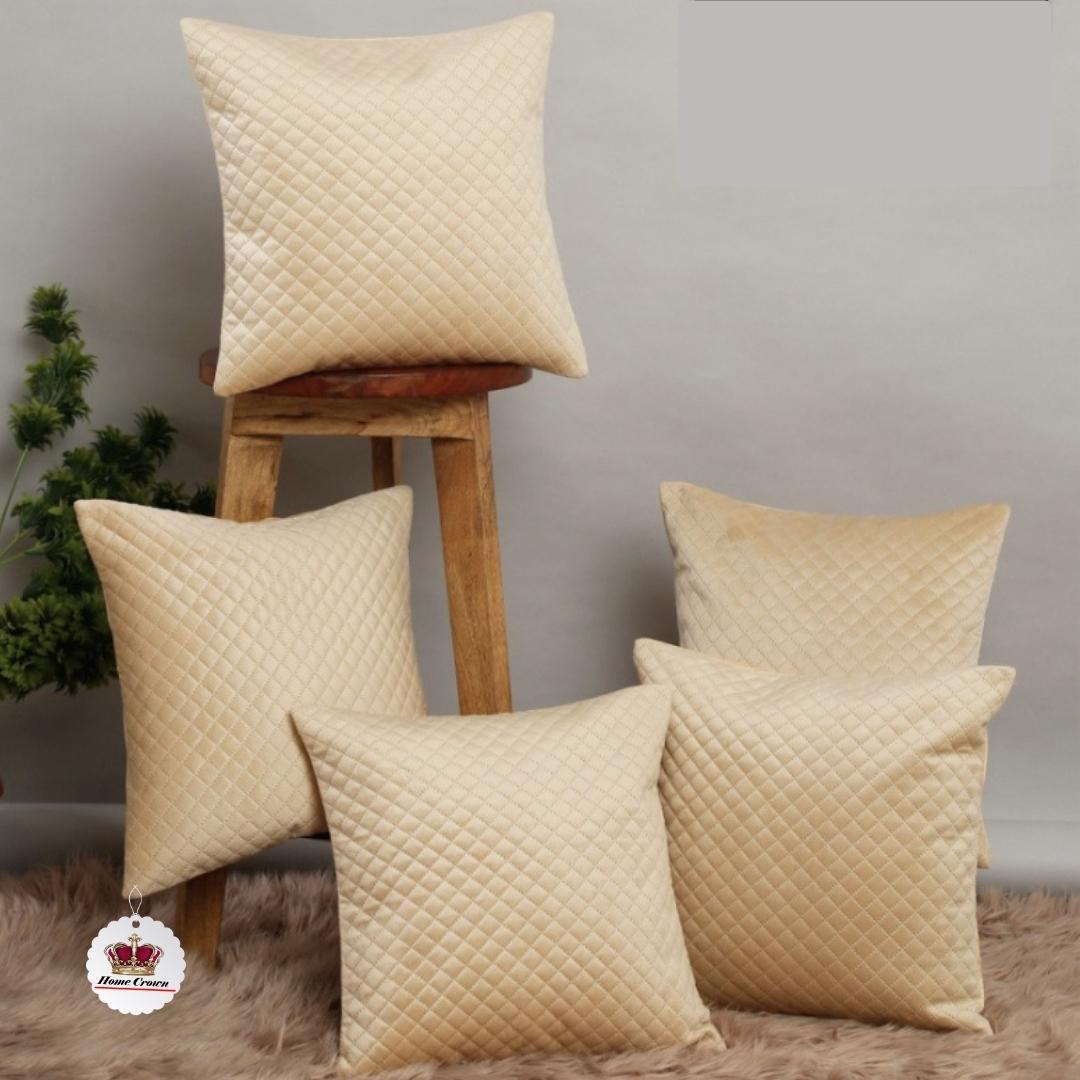 Homecrown Quilted Velvet Cushion Covers Set of 5 (16x16 Inch) - Beige