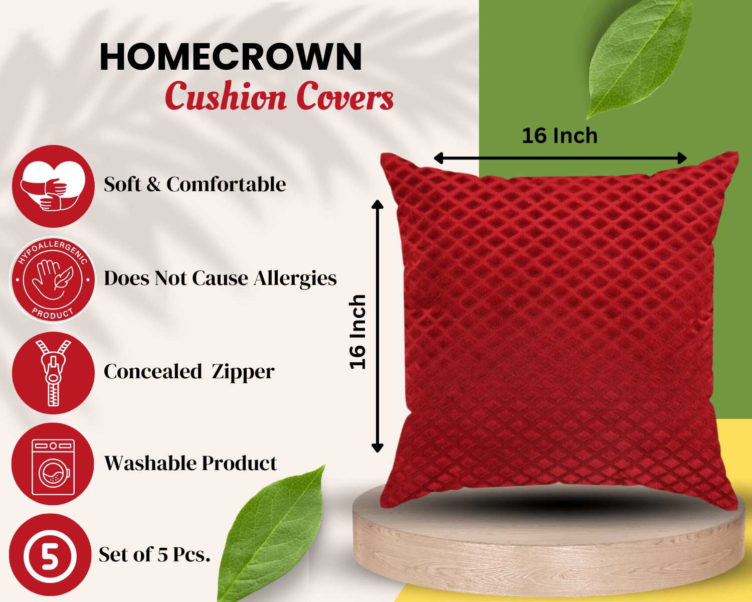 Homecrown Textured Velvet Cushion Covers Set of 5 (16x16 Inch) - Red