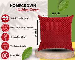 Homecrown Textured Velvet Cushion Covers Set of 5 (16x16 Inch) - Red