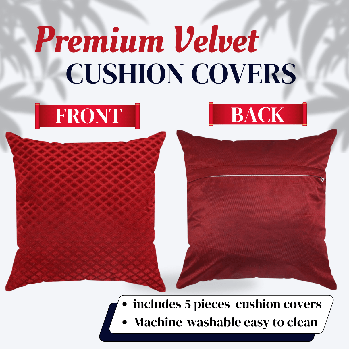 Homecrown Textured Velvet Cushion Covers Set of 5 (16x16 Inch) - Red