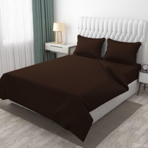 Homecrown Cotton Double Bedsheet with 2 Pillow Covers- Satin Stripe- 90x100 Inch- Brown
