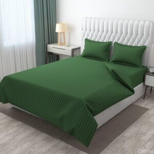 Homecrown Cotton Double Bedsheet with 2 Pillow Covers- Satin Stripe- 90x100 Inch- Green