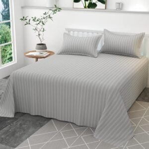 Homecrown Premium Quality Glace Cotton Fabric Satin Stripe Double Bed sheet with Pillow Covers Size 90 x 100 Inch Grey