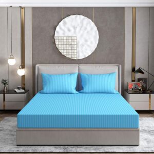 Homecrown Premium Quality Glace Cotton Fabric Satin Stripe Double Bed sheet with Pillow Covers Size 90 x 100 Inch Light Blue